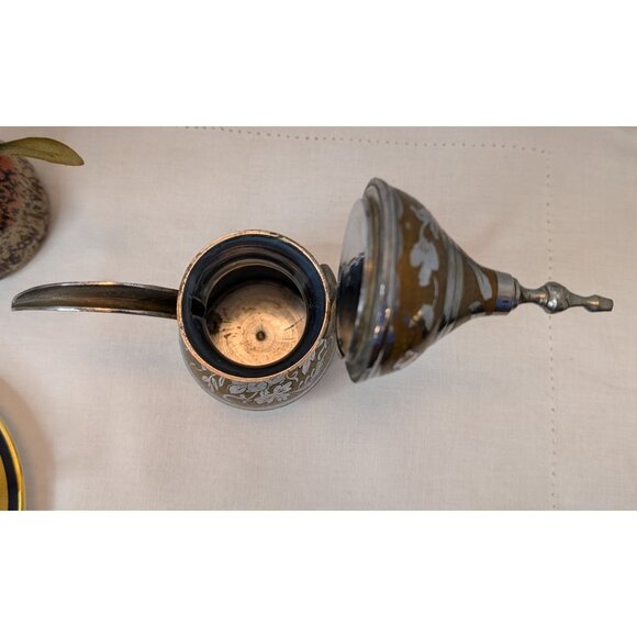Vintage Dallah Coffee Pot Middle Eastern Style Brass & Silver Floral Engravings - Picture 4 of 10